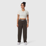 Ivory cream LYCRA® cropped tee worn with brown joggers, front view on model
