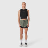 Black AeroSilver Tank Top worn with sage green shorts, front view on model