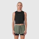 Black AeroSilver tank top with 'RP' text worn with sage green shorts, front view