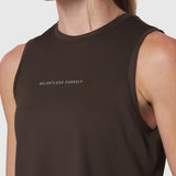 AeroSilver Tank Top in Dark Earth worn by model, front view with 'Relentless Pursuit' text