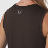 AeroSilver® tank top in dark earth worn by model, back view showing wing logo
