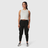 AeroSilver Tank Top in ivory cream worn with black joggers, front view