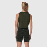 AeroSilver® Tank Top in olive worn with black camo shorts, back view