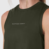 AeroSilver® tank top in olive with 'Relentless Pursuit' text, worn by model