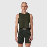 AeroSilver® cropped tank top in olive with camo shorts, front view on model
