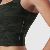 W022 Lycra 2-in-1 tank top in dark camo, worn by model