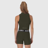 W023 Lycra Ribbed Mockneck Tank in olive worn by model, back view