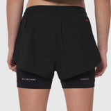 Tetra-Lite Liner Short in black, rear view on model showing layered design with 'Relentless Pursuit' text