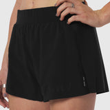 Black Aerotex Side Split Run Short worn by model, front view