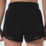 Black Aerotex Side Split Run Short worn by model, back view showing 'Relentless Pursuit' text
