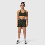 W027 Lycra Ribbed Short in dark earth, worn with matching sports bra, front view on model