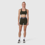W027 Lycra Ribbed Short in olive, worn by model with sports bra, front view