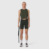 W029 LYCRA® 3-in-1 Biker Short in Dark Camo, worn with matching tank top