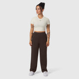 Sorona® Terry Straight Leg Sweats in Dark Earth, worn with cream crop tee, front view