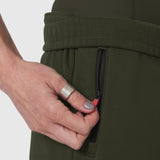 Olive Sorona® Terry straight leg sweats worn by model, closeup of pocket detail