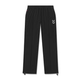 flatlay of black ripstop relaxed track pant with white logo on right leg, front view