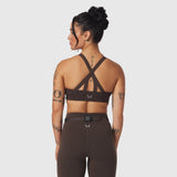 W039 Lycra Hybrid Sports Bra in dark earth, back view on model
