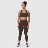 W039 Lycra Hybrid Sports Bra in dark earth, worn by model in matching leggings