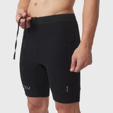 Black Lycra Ribbed Run Half-Tight shorts on model, front view with drawstring detail