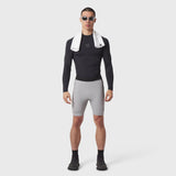 Lycra® Ribbed Run Half-Tight in slate grey, modeled with black long-sleeve top and white collar