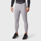 Slate grey hybrid belt-pack run jogger worn by model with black sneakers, front view