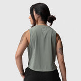 ASRV AeroSilver Cropped Training Tank in sage, worn by model, back view