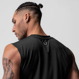 AeroSilver Cutoff Tank in black with box logo, worn by model, side profile view
