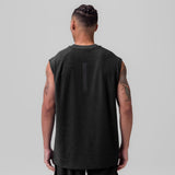 Black Towel Terry Cutoff sleeveless tank worn by model, back view