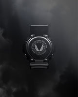 ASRV x G-SHOCK DW6900 digital watch in black, back view on dark background