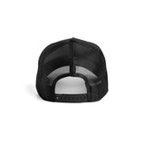 flatlay New Era 9Forty A-Frame Trucker Hat in black, back view
