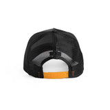 flatlay New Era 9Forty A-Frame Trucker Hat in black with orange snapback, back view