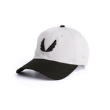 flatlay New Era 9Twenty Strapback Hat in stone white and black, front view