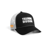 New Era 9Forty A-Frame Trucker Hat in black and white with 'Training Division' text, angled side view