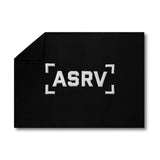 flatlay ASRV Sherpa Recovery Blanket in black with white logo, overhead view