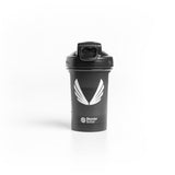 Flatlay of ASRV x Blender Bottle Mini Plastic Shaker in black with white wings logo, front view