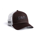 flatlay New Era 9Forty A-Frame Trucker Hat in dark brown and white, angled view