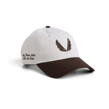 New Era 9Twenty strapback hat in stone and dark earth two-tone, front three-quarter view
