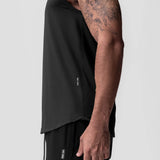 AeroSilver Cutoff Tank in black worn by model, side view showing sleeve and torso detail