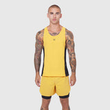 Laser-Vent Singlet Tank in amber and black, worn by male model, front view