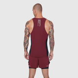 Laser-Vent Singlet Tank in crimson and black worn by male model, back view