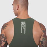 Laser-Vent Singlet Tank in olive, back view on male model with tattoos