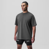 Supima® Oversized Tee in raven gray worn with black shorts, front view on model