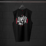 Black Tech Essential Relaxed Cutoff vest with white graphic and red accents, back view on hanger