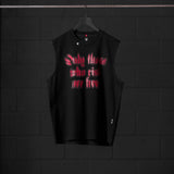 Black sleeveless cutoff tank with red pixelated 'Blast Radius' graphic text, displayed on hanger