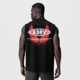 Black Tech Essential Relaxed Cutoff tank top worn by model, back view showing ASRV logo