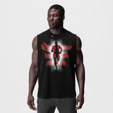 Black Tech Essential Relaxed Cutoff tank top with red ghost runner graphic, worn by model, front view