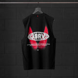 Black Tech Essential Relaxed Cutoff vest on hanger, back view with red graphic design