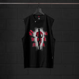 Black Tech Essential Relaxed Cutoff tank top with red ghost runner graphic, on hanger