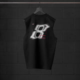 Black Tech Essential Relaxed Cutoff sleeveless tank with 'Infinite Mindset' graphic, back view on hanger