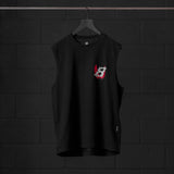 Black Tech Essential Relaxed Cutoff sleeveless tank on hanger, front view with red graphic